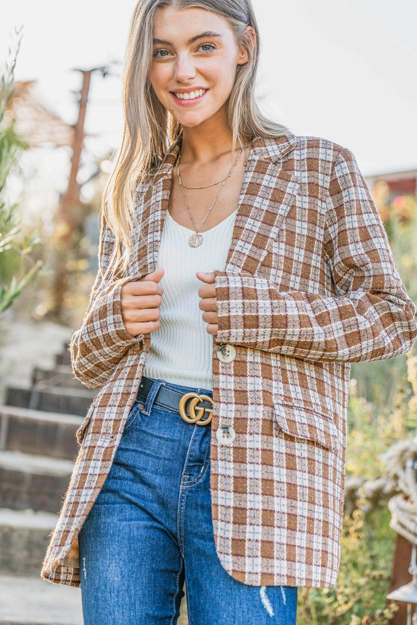 Plaid Pattern Tweed Casual Blazer