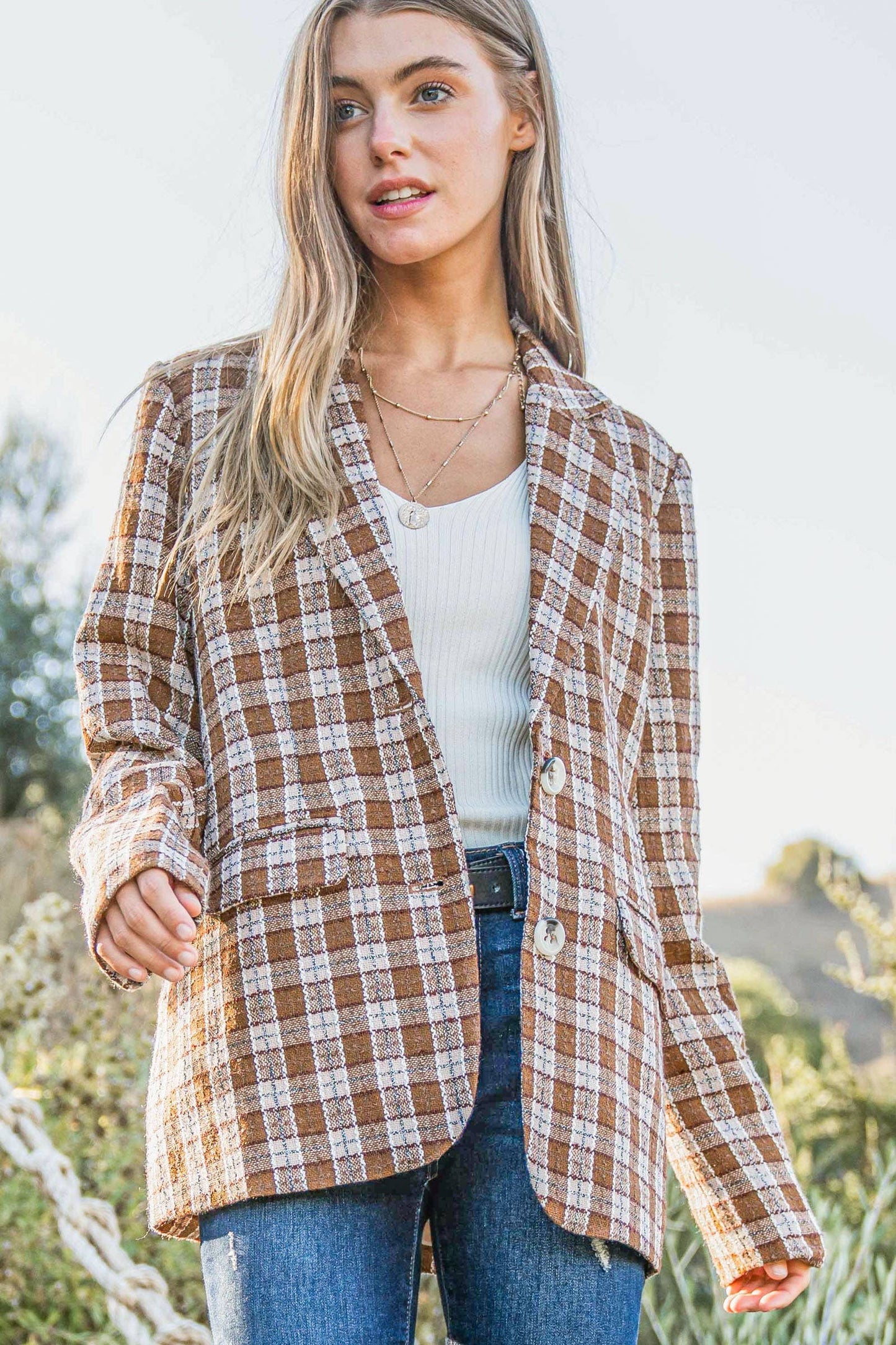 Plaid Pattern Tweed Casual Blazer