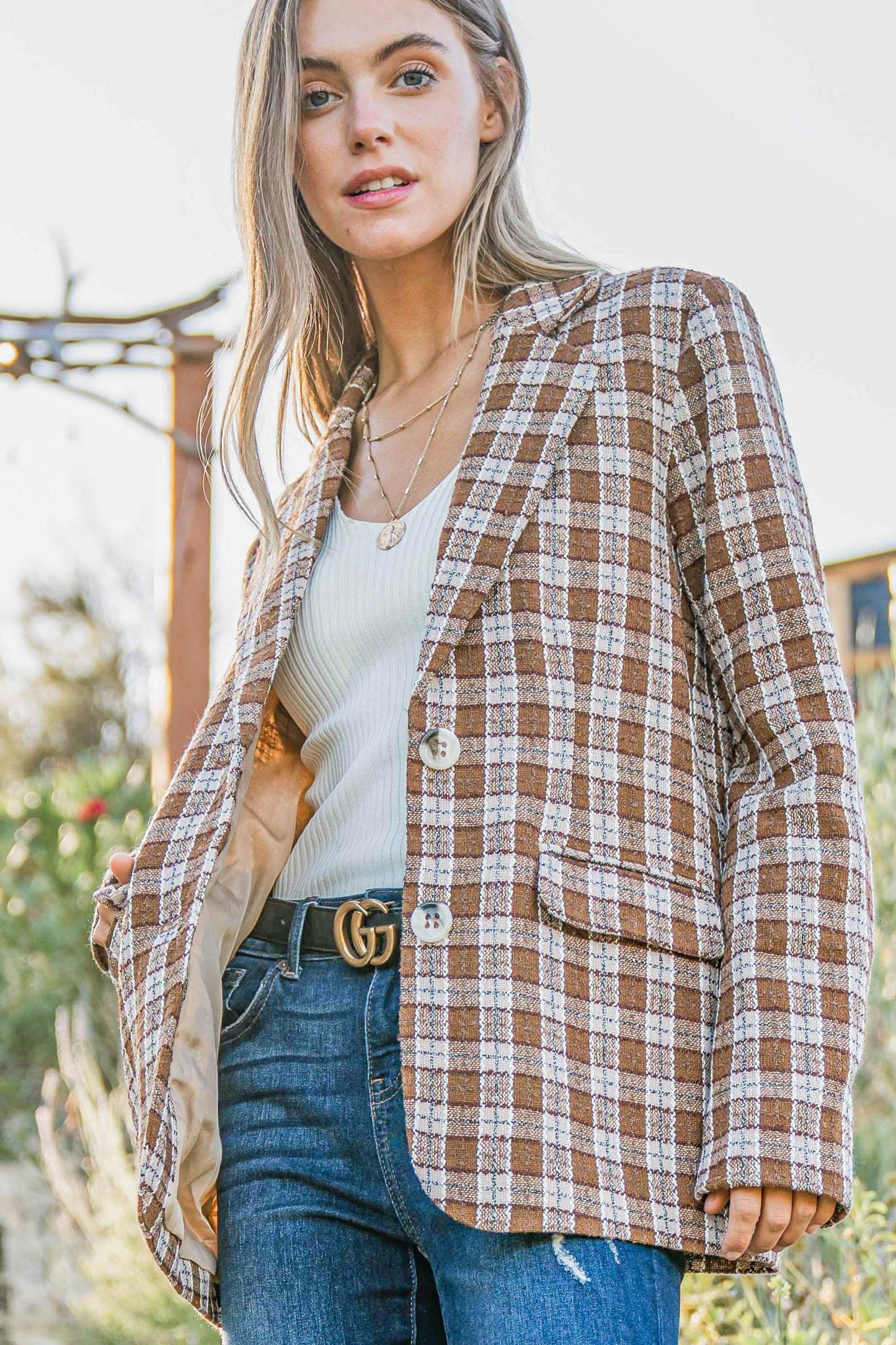 Plaid Pattern Tweed Casual Blazer