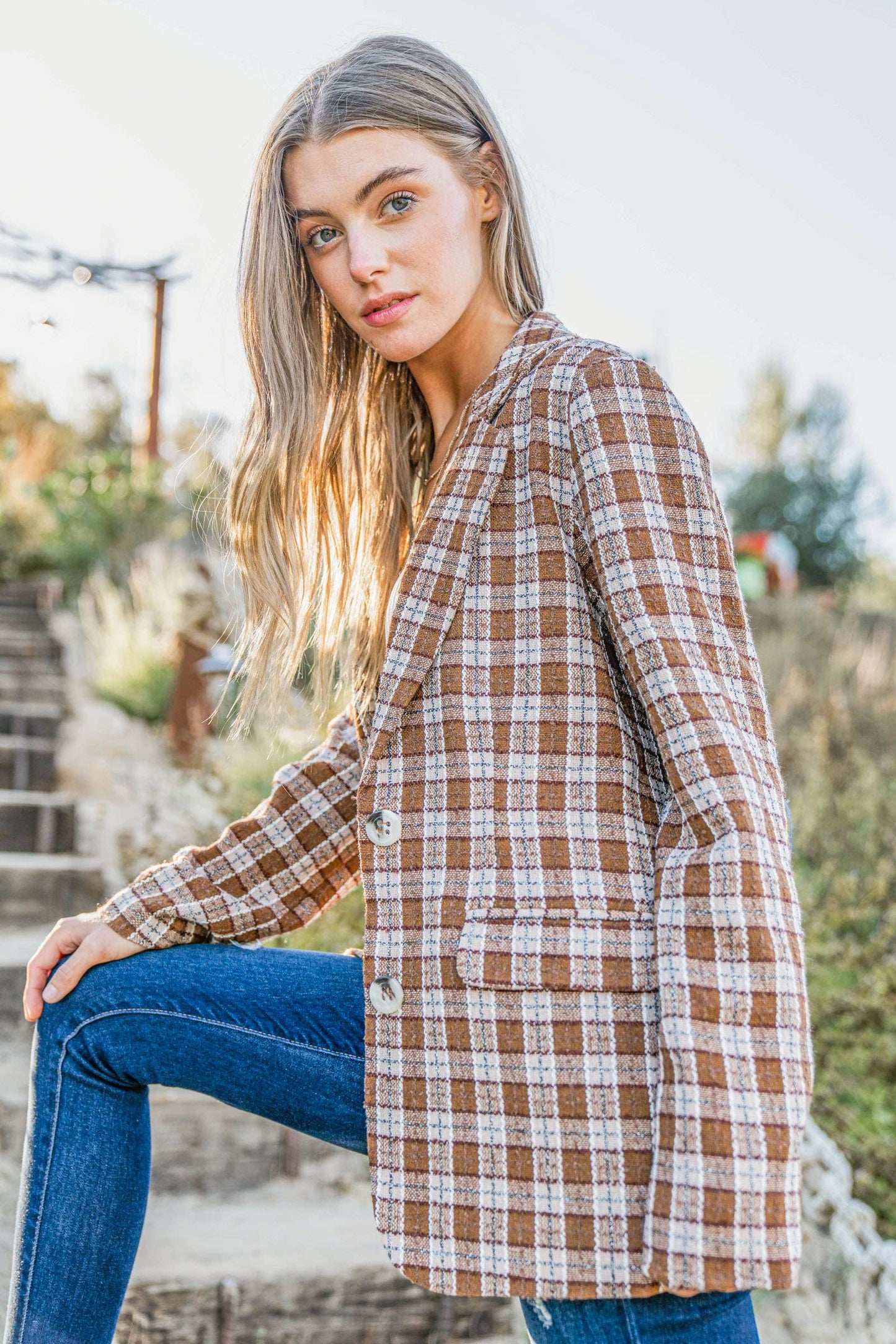 Plaid Pattern Tweed Casual Blazer