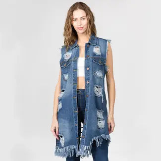 Distressed Long Denim Vest